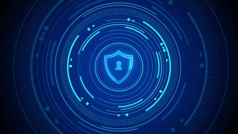 Blue shield security HUD glowing circular rings, lock cyber protection interface Stock Footage 340412016