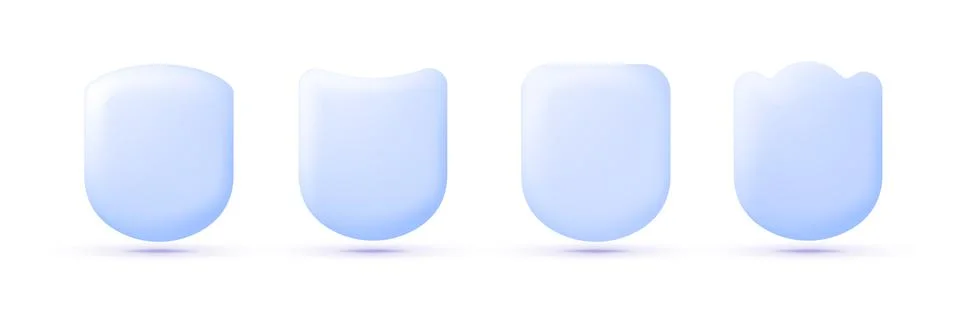 Blue shield set in 3d style. Vector Realistic set on white backdrop. Realistic Stock Illustration