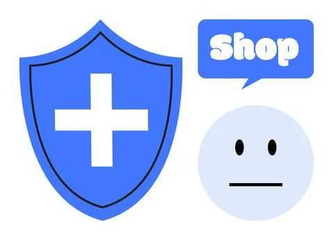 Blue shield with a white cross, a speech bubble saying Shop, and a simple fac Stock Illustration