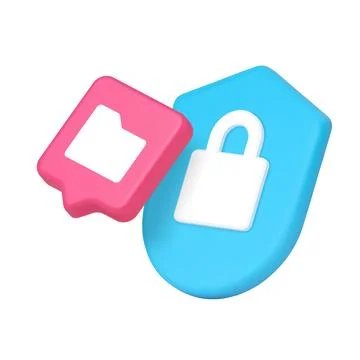 Blue shield with white lock symbol and pink bubble folder icon representing p Illustrazione stock