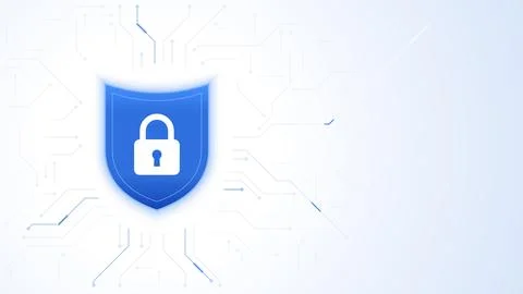 Blue shield with white padlock on light circuit board background Stock Illustration