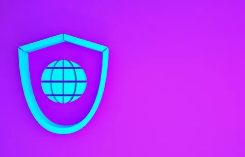 Blue Shield with world globe icon isolated on purple background. Security, sa Stock Illustration