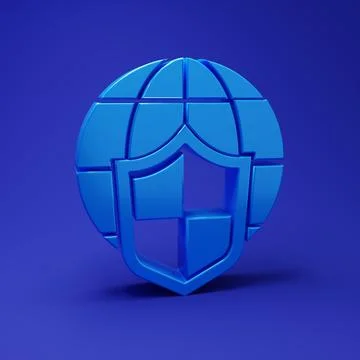 Blue Shield with world globe icon isolated on blue background. Insurance co.. Illustrazione stock