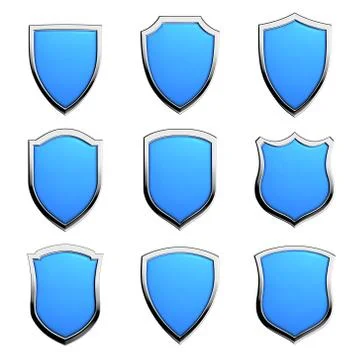 Blue shields on white set Stock Illustration