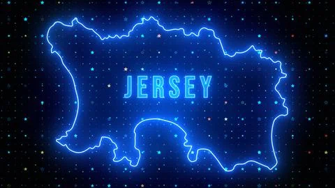 Blue Shine Jersey Outline Map And Label Text Neon Light With Stars Sparkle Grid Stock Illustration