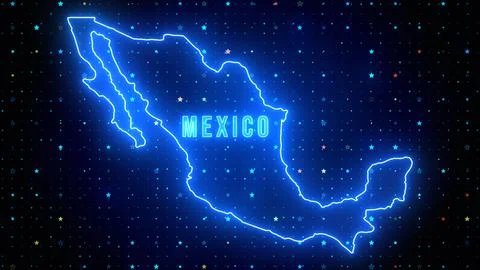 Blue Shine Mexico Outline Map And Label Text Neon Light With Stars Sparkle Grid  Stock Illustration