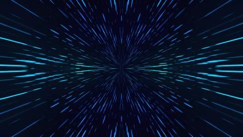 Blue shining particles from the center form rays on a black background. Computer Illustrazione stock