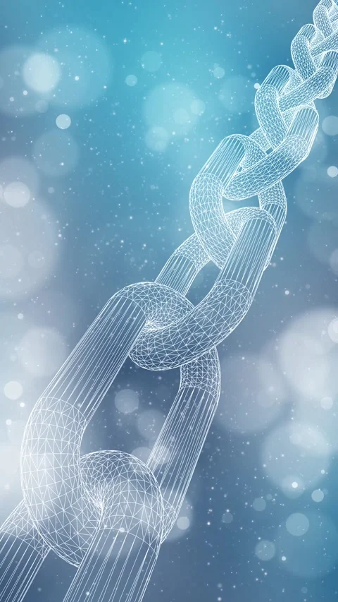 Blue shiny blockchain chain loop motion on circle bokeh vertical background Stock Footage 345057130