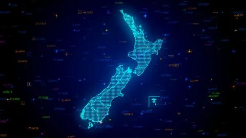 Blue Shiny Digital Hud Dots Mosaic Grid New Zealand Map Separate Regions Light  스톡 일러스트