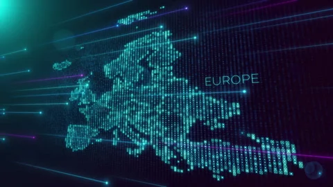 Blue Shiny Perspective Square Hud Mosaic Grid And Text Of Europe Region Map  Video stock 276232327