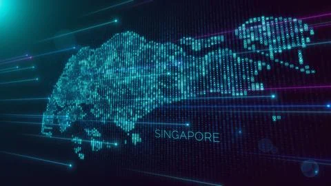 Blue Shiny Perspective Square Hud Mosaic Grid And Text Of Singapore Region Map Illustrazione stock