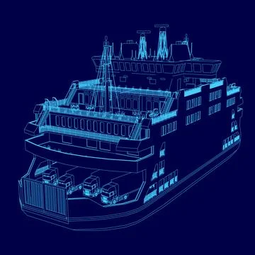 Blue ship with a blue background. The ship is large and has a lot of windows. Stock Illustration