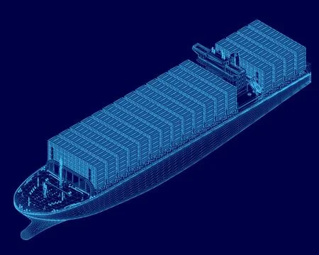 Blue ship with a blue stripe on the side. The ship is large and has many Stock Illustration