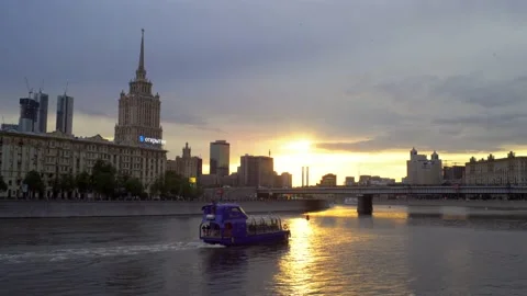  blue ship sails down the river towards sunset river navigation Video stock 155130723
