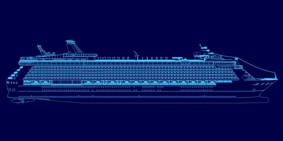 Blue ship is shown in a computerized image. The ship is large and has a lot of Stock Illustration