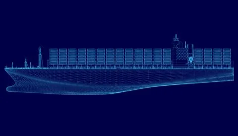 Blue ship wireframe. The ship is large and has many containers on it Stock Illustration