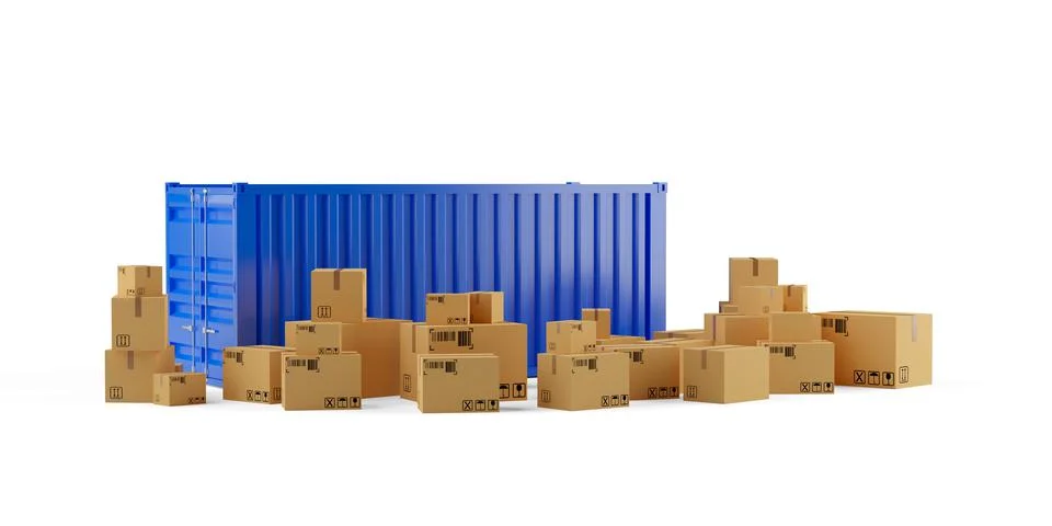 Blue shipping container with boxes or parcels over white background, freight, Stock Illustration
