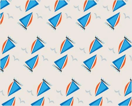Blue ships and seagulls pattern on beige background Stock Illustration