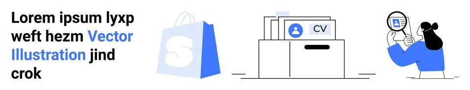 A blue shopping bag, a stack of CVs in a box, and a person analyzing data thr Stock Illustration