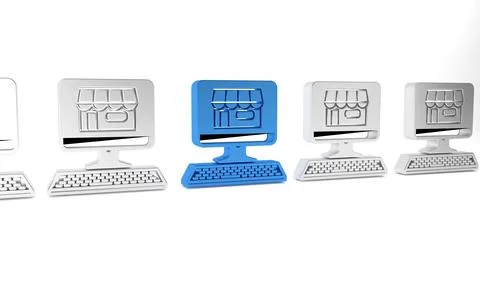 Blue Shopping building on screen computer icon isolated on white background.. Ilustración de archivo