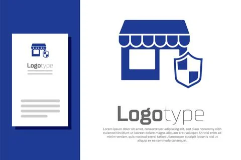 Blue Shopping building with shield icon isolated on white background. Insuran Ilustración de archivo