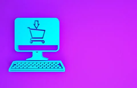 Blue Shopping cart on screen computer icon isolated on purple background. Con Illustrazione stock
