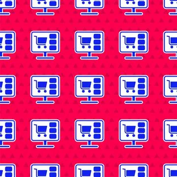 Blue Shopping cart on screen computer icon isolated seamless pattern on red Stock Illustration