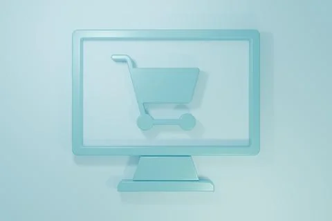 Blue Shopping cart on screen computer icon isolated on blue background. Con.. Stock Illustration
