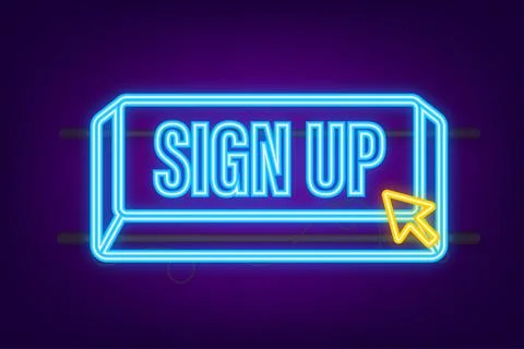 Blue sign up button in neon style. Business vector icon. Arrow icon. Stock Illustration