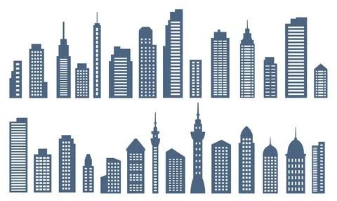 Blue Silhouette Elements Set of Skyscraper Tower Building in City Town Stock Illustration