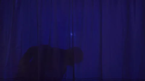 Blue Silhouette of a Man with a Knife Attacking Someone Behind a Curtain Stock Footage 208804051