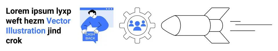 Blue silhouette presenting data, gear with group, and rocket launching. Ideal Stock Illustration