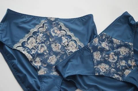 Blue silk panties with a pattern on a white background. Beautiful ladies' lin Stock Photos
