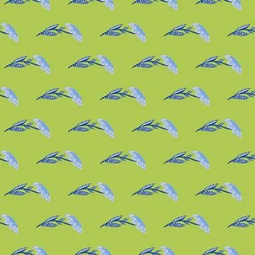 Blue simple field flowers elements seamless doodle pattern. Green background. Stock Illustration