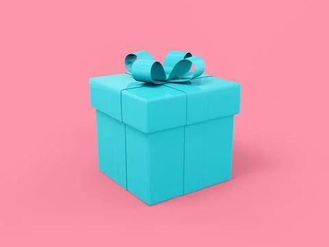 Blue single color gift box with ribbon and bow on a pink monochrome backgro.. Stock Illustration
