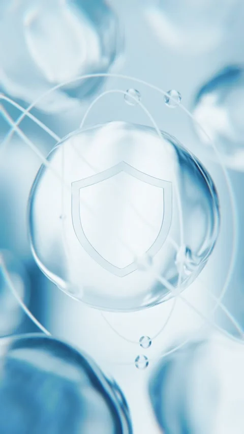 Blue skin protection shield bubbles. Cosmetics barrier 3D abstract background Stockbeeldmateriaal 337100997