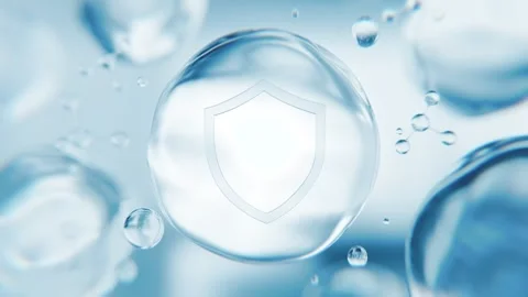 Blue skin protection shield bubbles. Cosmetics barrier 3D abstract background Stockbeeldmateriaal 338002962