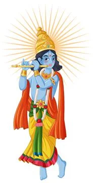 Blue Skinned Indian Deity Playing Golden Flute with Sunburst Halo Background Stock Illustration