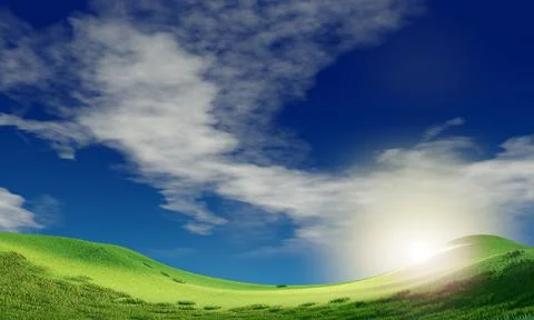 Blue sky and beautiful cloud with meadow and sunshine. Plain landscape backgr Stock Illustration