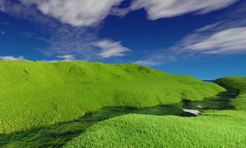 Blue sky and beautiful cloud with meadow and sunshine. Plain landscape backgr Stock Illustration