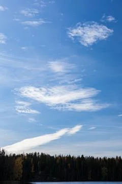Blue sky and clouds over forest lake Stock Photos