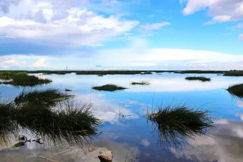 Blue sky and clouds reflected in the mirror water Stock Photos