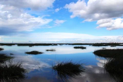 Blue sky and clouds reflected in the mirror water Foto stock