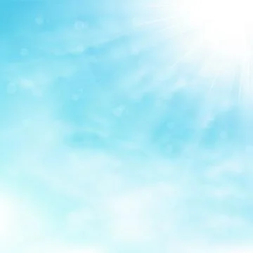 Blue sky and clouds with sun burst and rays background. Stock Illustration