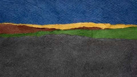 Blue sky and dark fields abstract paper landscape Foto stock
