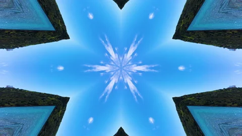 Blue sky and ocean white cloud snowflake kaleidoscope Stock Footage