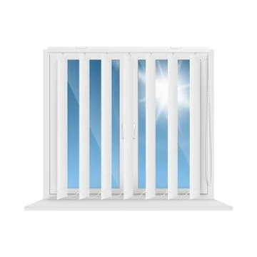 Blue sky and sun seen through window blinds with half open vertical stripes Stock Illustration