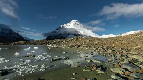Blue sky and white clouds under the snowy mountains Stock Footage 198517697