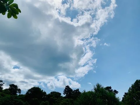 Blue Sky and White Clouds Above Tropical Trees at Tanjung Lesung Beach Stock Photos