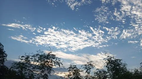 Blue Sky and White Clouds Over Trees Stock Photos